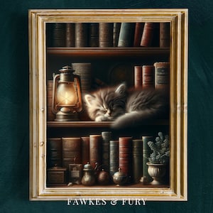 Vintage Kitten Bookish Wall Art Dark Academia Botanical Witchy Decor Antique Nature Painting Dark Cottagecore Printable Moody Magic