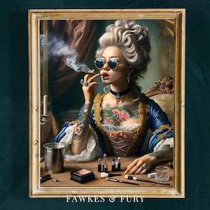 May include: A framed digital art print featuring a woman in historical attire, wearing sunglasses and smoking a cigar. She has tattoos and makeup on a table. The print is in a gold frame, with the text "FAWKES & FURY" at the bottom.