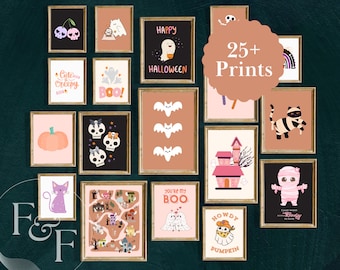 Halloween Wall Art Prints | Cute Ghost, Pumpkin, Bat Decor (Digital Download)