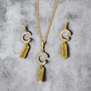 Celestial Inspirations: Moon Necklace and Earrings Set with Word Pendants in Gold