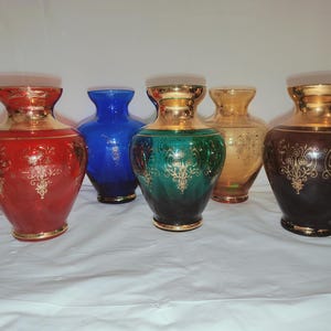 Vintage Murano Glass Vase Set with 24K Gold Overlay. 5&quot; Tall, Hand-blown Venetian Glass from Murano, Italy. Mid-century Home Decor. See Info