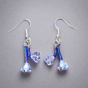 Earrings with Purple Glass Flower Beads with Tiny Blue and Purple Beads