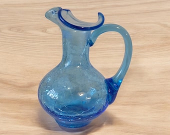Mini Blenko Blown Glass Water Pitcher, Home Decor. Blue Cracked Crackle Glass Kitchen Decoration.