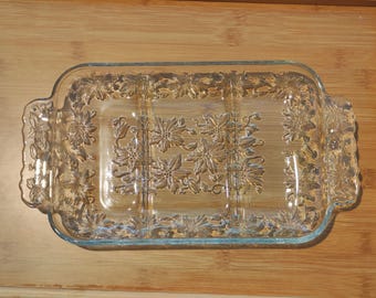 Princess House Crystal Relish Tray Server Plate, Three Sections, Handles, 13&quot; Dish. Fantasia #534. Floral Design on Pressed Glass.