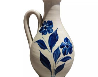 Vintage Williamsburg Pottery With Blue Flowers. 7.5&quot; Tall Jug Vase With Narrow Neck, Side Handle