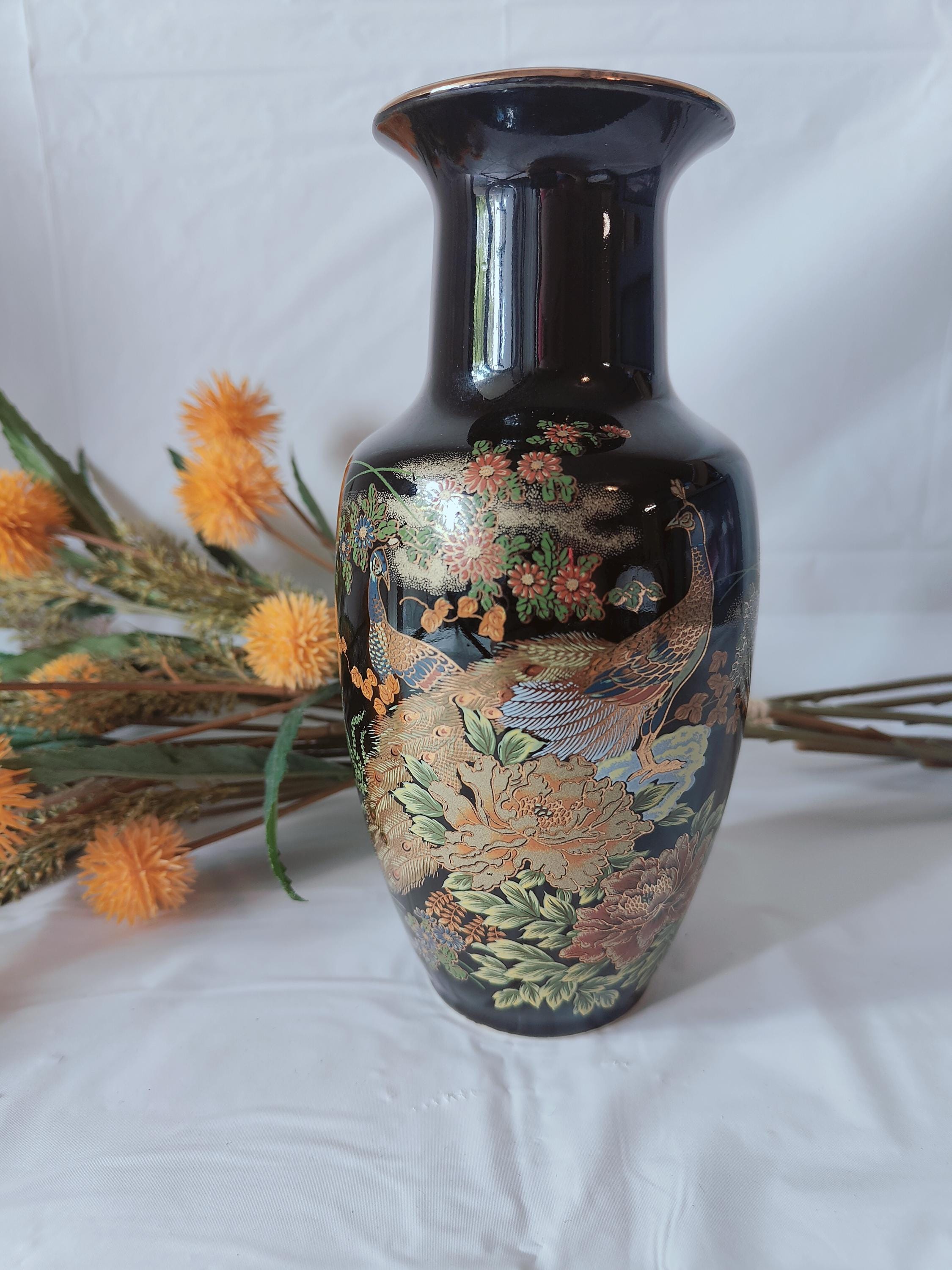 Vintage Handpainted Japanese Black Porcelain Floral Vase With Peacocks & Flowers.
