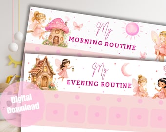May include: Two pink and white printable routine charts with fairy illustrations. The top chart reads "My Morning Routine" and the bottom chart reads "My Evening Routine". Each chart features a row of pink squares.