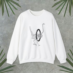 May include: White sweatshirt featuring a black and white graphic of a bird skeleton with a tyre around its neck.