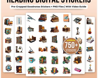 Reading Digital Stickers Bundle | 750+ Goodnotes & PNG Planner Stickers | Book Lover Digital Download | Study, Library, Bookworm Aesthetic