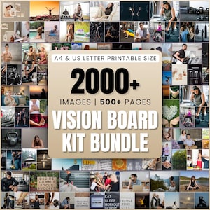 May include: A collage of images for a vision board kit bundle. The kit includes over 2000 images and 500 pages. The text on the image reads "A4 & US Letter Printable Size 2000+ Images | 500+ Pages Vision Board Kit Bundle"