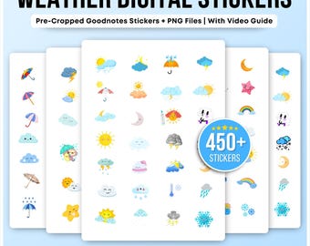 May include: Digital weather stickers with various weather icons, including sun, clouds, rain, and rainbows. The stickers are pre-cropped for Goodnotes and come with PNG files. The image also includes the text "WEATHER DIGITAL STICKERS" and "450+ STICKERS".
