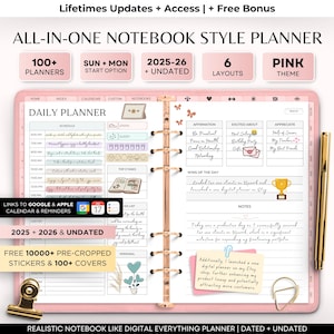 May include: Pink, all-in-one notebook style planner with a gold pen and paper clip. The planner includes undated 2025-2026 pages, 6 layouts, and over 100 planners. The planner also includes free pre-cropped stickers and covers.
