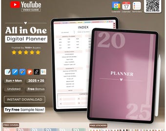 All In One Digital Planner 2025 2026 2027, Digital Planner, Digital Journal, Digital Goodnotes Template, Weekly, Daily Planner