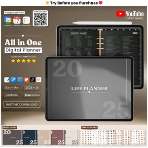 May include: Digital planner with the text "All in One Digital Planner" and "Life Planner" on a tablet screen. The image includes a YouTube video guide and free bonus stickers and covers. The planner is undated and integrated with a calendar.