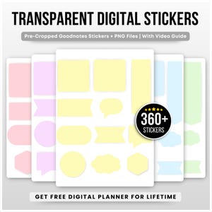 Può includere: Una collezione di adesivi digitali trasparenti in varie forme e colori pastello, tra cui rettangoli, cerchi e fumetti. L'immagine include il testo "TRANSPARENT DIGITAL STICKERS" e "360+ STICKERS".