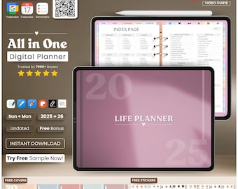 All-in-One Digitaler Planer 2025 2026 2027 – Goodnotes & Notability, iPad Journal – tägliche, wöchentliche, monatliche, Budget-, Fitness-Vorlagen