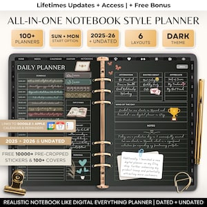 Könnte beinhalten: Digitaler Planer im Notizbuchstil mit dunklem Thema, mit Tagesplaner-Layout, Kalender und Erinnerungen. Enthält undatierte Optionen 2025-2026, 6 Layouts und über 100 Planer. Inklusive kostenloser vorgefertigter Sticker und Cover.