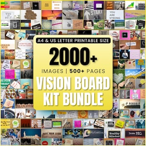 May include: A collage of images with motivational quotes and phrases, including "You Can Do It", "Dream Big", "Motivation", "Possible", and "Live Your Life". The text "2000+ Images | 500+ Pages Vision Board Kit Bundle" is in large, bold letters on a yellow background.