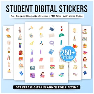 250+ Student Digital Stickers for GoodNotes and PNG | School & Study Stickers | Pre-Cropped + Free Digital Planner