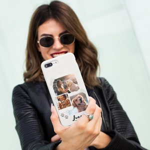 May include: A white phone case with a collage of photos of a dog and its owner. The case has a textured fabric design and features paw prints and the name "Luna" written in cursive.