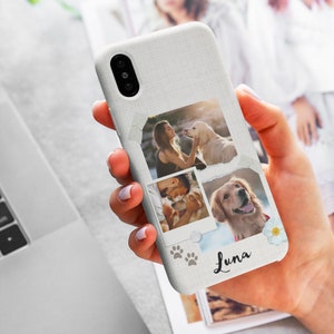 May include: White phone case with a textured fabric design. The case features three photos of a golden retriever dog with its owner. The photos are arranged in a collage style with white borders and are accented with white flowers and paw prints. The name "Luna" is written in cursive at the bottom of the case.
