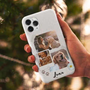 May include: White phone case with a textured fabric design. The case features three photos of dogs, a white flower, and the name "Luna" in cursive writing. There are also four paw prints below the name.