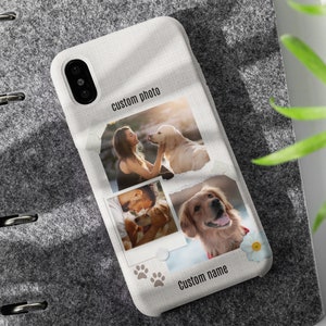 May include: A white phone case with a collage of three photos of dogs. The top photo shows a woman with a golden retriever. The middle photo shows a man with a golden retriever puppy. The bottom photo shows a golden retriever looking at the camera. The case has the text "custom photo" and "custom name" printed on it.