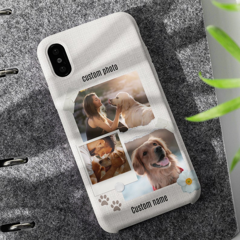 May include: A white phone case with a collage of three photos of dogs. The top photo shows a woman with a golden retriever. The middle photo shows a man with a golden retriever puppy. The bottom photo shows a golden retriever looking at the camera. The case has the text "custom photo" and "custom name" printed on it.