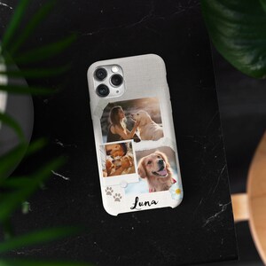 May include: A white phone case with a textured surface. The case features three photos of dogs, one with a woman, and the name "Luna" printed on the bottom.