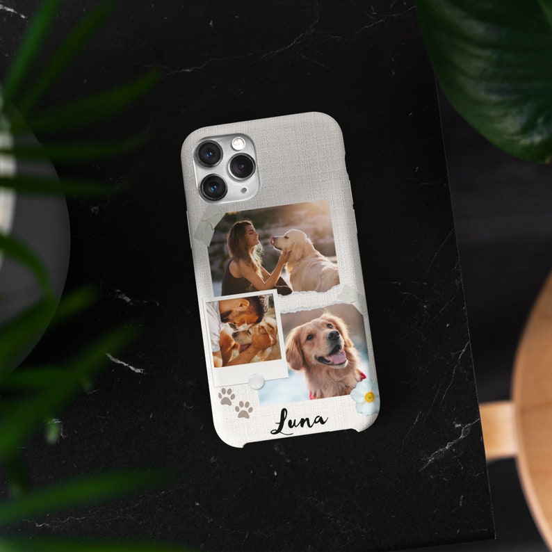 May include: A white phone case with a textured surface. The case features three photos of dogs, one with a woman, and the name "Luna" printed on the bottom.