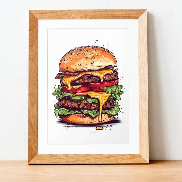 FOOD ART, cheeseburger print, foodie gift, printable wall art, kitchen wall decor, cafe art, kids room, restaurant decor, fast food decor