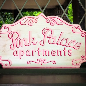 Caroline Pink Palace Apartments, Solid Quality Wood and Paint, Hand Crafted, Unique, Wall Hanging Bedroom Decor Sign, Aged to Perfection