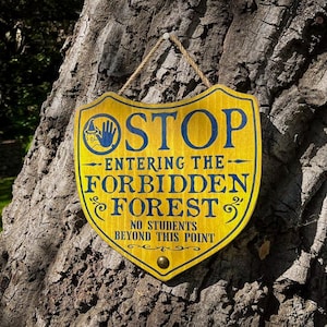 Advertencia para estudiantes mágicos del Bosque Prohibido, letrero de madera maciza y pintura, hecho a mano, colores personalizados, regalo único, colgante de pared rústico y envejecido