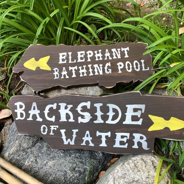 Cruising the Jungle Backside and Elephant Directional Signs, Solid Wood and Paint, Hand Crafted Jungle Decor, Custom Colors and Text, Unique