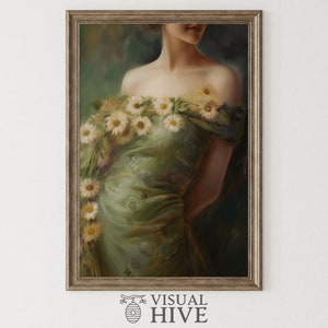Vintage Woman Flower Dress Vintage Painting Young Woman Victorian Wall Art Antique Art Print Download Impressionist Portrait Painting Art
