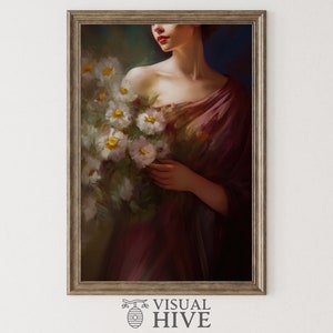 Vintage Woman Blue Dress Vintage Painting Young Woman Flower Victorian Wall Art Antique Art Print Download Impressionist Portrait Painting