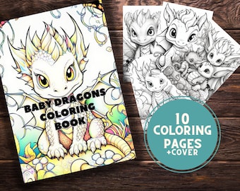 Baby Dragons Fantasy Digital Coloring Page Book, Adults + kids- Instant Download - Grayscale Coloring Page, Printable PDF