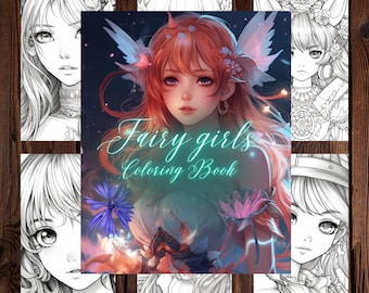 Fairy Girls Fantasy Anime Coloring Page, Adultos + niños- Descarga instantánea - Página para colorear en escala de grises - Regalo, PDF de arte imprimible