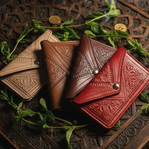 Hand-punzierte marokkanische Leder Geldbörse - Handgemachte Clutch mit Blumenprägung