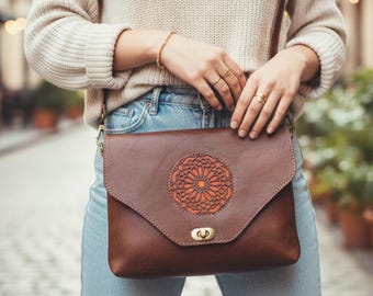 Handmade Moroccan Leather Shoulder Bag, Embossed Berber Design