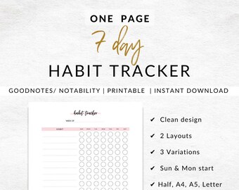 7 Day Light Pink Habit Tracker Printable, Routine Tracker, Weekly Tracker, 7 Day Habit Challenge, A4/A5/Letter/Half, Instant Download