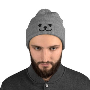 Funny Smiley Bear Embroidered Pom-Pom Beanie