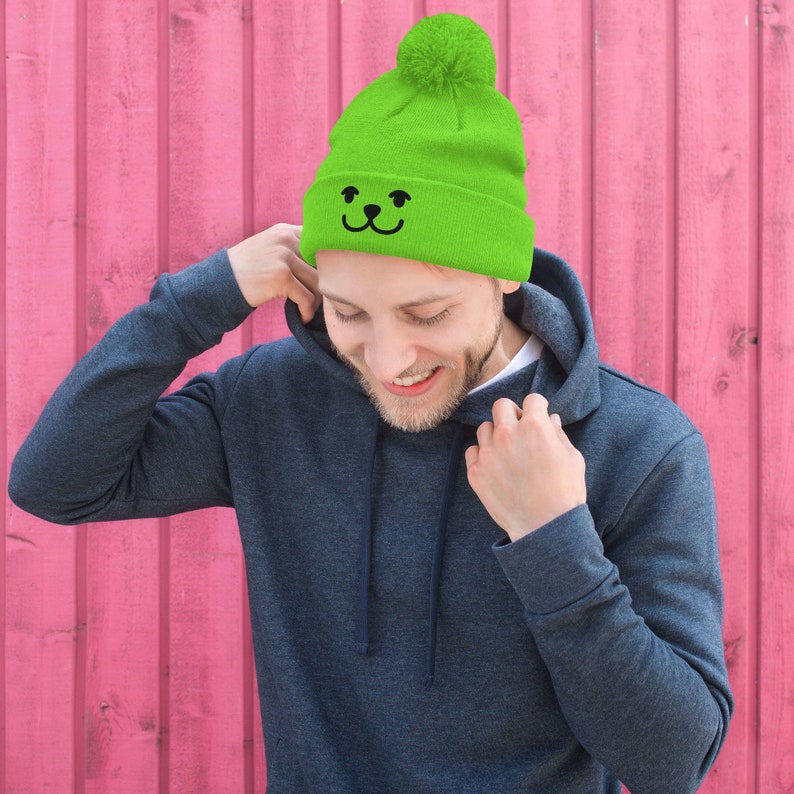 Funny Smiley Bear Embroidered Pom-Pom Beanie