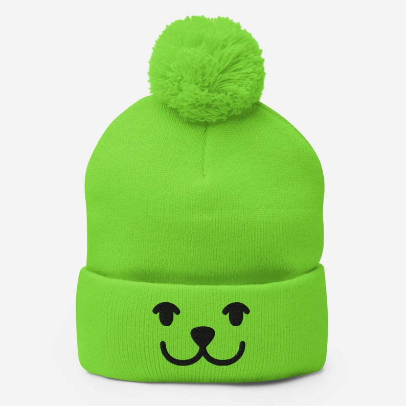 Funny Smiley Bear Embroidered Pom-Pom Beanie