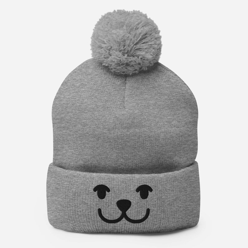 Funny Smiley Bear Embroidered Pom-Pom Beanie