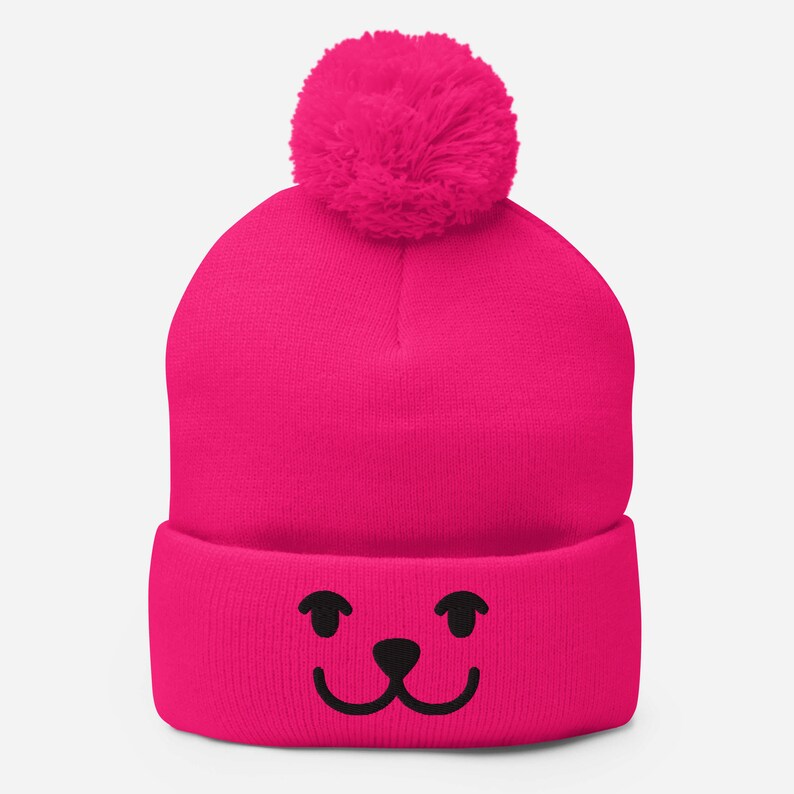 Funny Smiley Bear Embroidered Pom-Pom Beanie