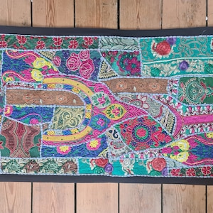Indian vintage wall hanging. Handcrafted bohemian home decoration. Saree patchwork hippie yoga room wall decor