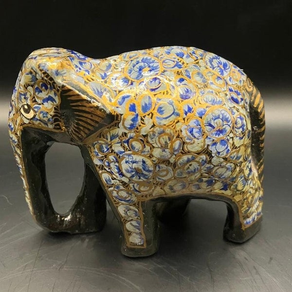 Hand painted hand carved wooden Indian elephant mandala. Authentic Kasmiri lucky elephant statue high gloss finish