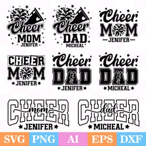 May include: Black and white cheerleading-themed designs with the words "Cheer Mom" and "Cheer Dad" with names. Designs include pom-poms, megaphones, and stars. File formats include SVG, PNG, AI, EPS, and DXF.