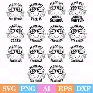 Pacchetto SVG "Peace Out School", SVG "Peace Out retrò", SVG "Vacanze estive", SVG "Peace Out Grade", SVG "Maglietta dell'ultimo giorno di scuola", SVG "Faccina sorridente"